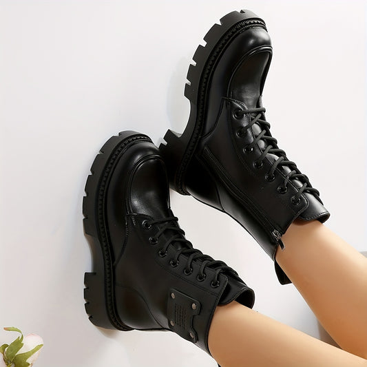 Women's Platform Combat Boots Round Toe Side Zipper & Lace Up Motorcycle Boots