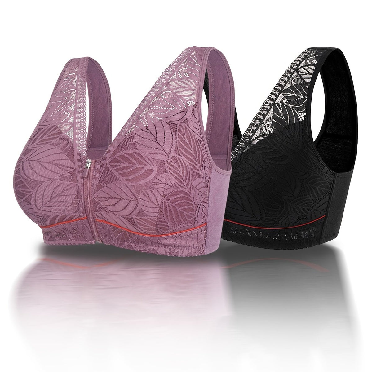 2 Pack Leaf Lace Zipper Front Full Cover Bra Set Plus Size