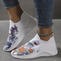Women's Knitted Sock Shoes Pumpkin Zombie Print Slip On Sneakers
