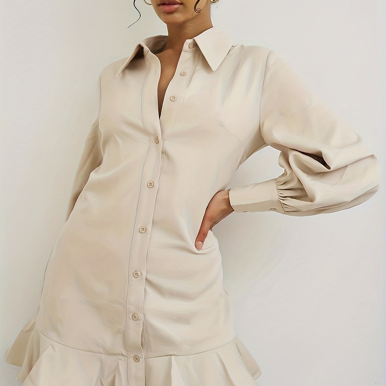  Lantern Sleeve Ruffle Trim Shirt Dress