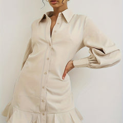  Lantern Sleeve Ruffle Trim Shirt Dress