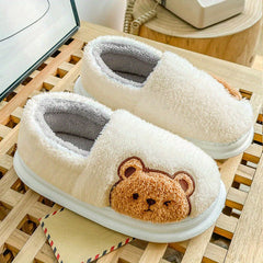 Cartoon Bear Print Slippers Round Toe Low Fluffy Warm Shoes