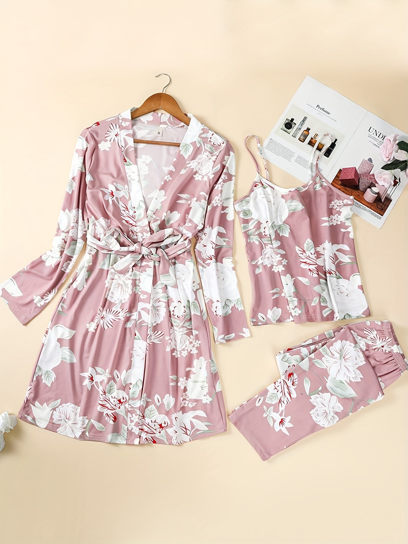 Floral Print Pajama Set Robe Top Pants Women's Sleepwear