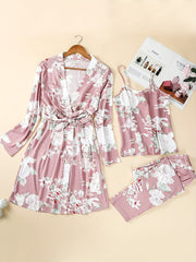 Floral Print Pajama Set Robe Top Pants Women's Sleepwear