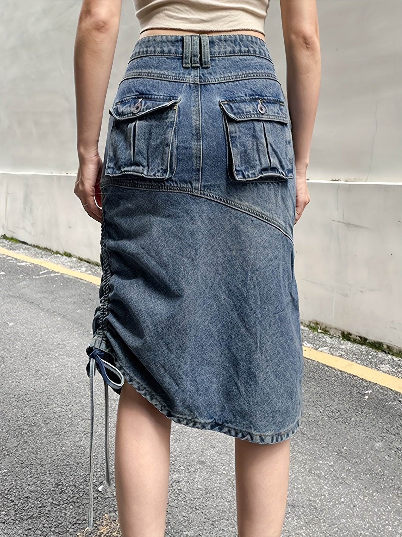 Cargo Denim Midi Skirt Y2K & Kpop Style Drawstring Denim Skirt