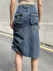 Cargo Denim Midi Skirt Y2K & Kpop Style Drawstring Denim Skirt