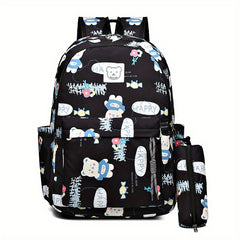 Bear Print Large Capacity Preppy Backpack Pencil Case Pendant Set