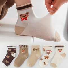 5 Pairs Kids Cartoon Bear Lace Crew Socks For Girls Khaki Short Tube All Season