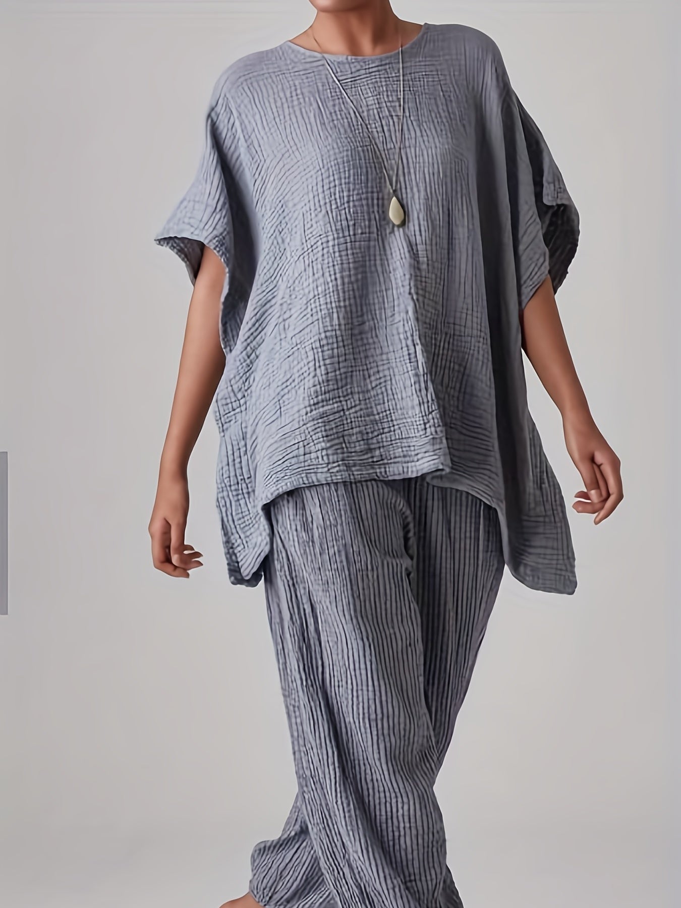 Solid Casual Two piece Set Crew Neck Loose Tops & Elastic Waist Jogger Pants