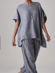 Solid Casual Two piece Set Crew Neck Loose Tops & Elastic Waist Jogger Pants