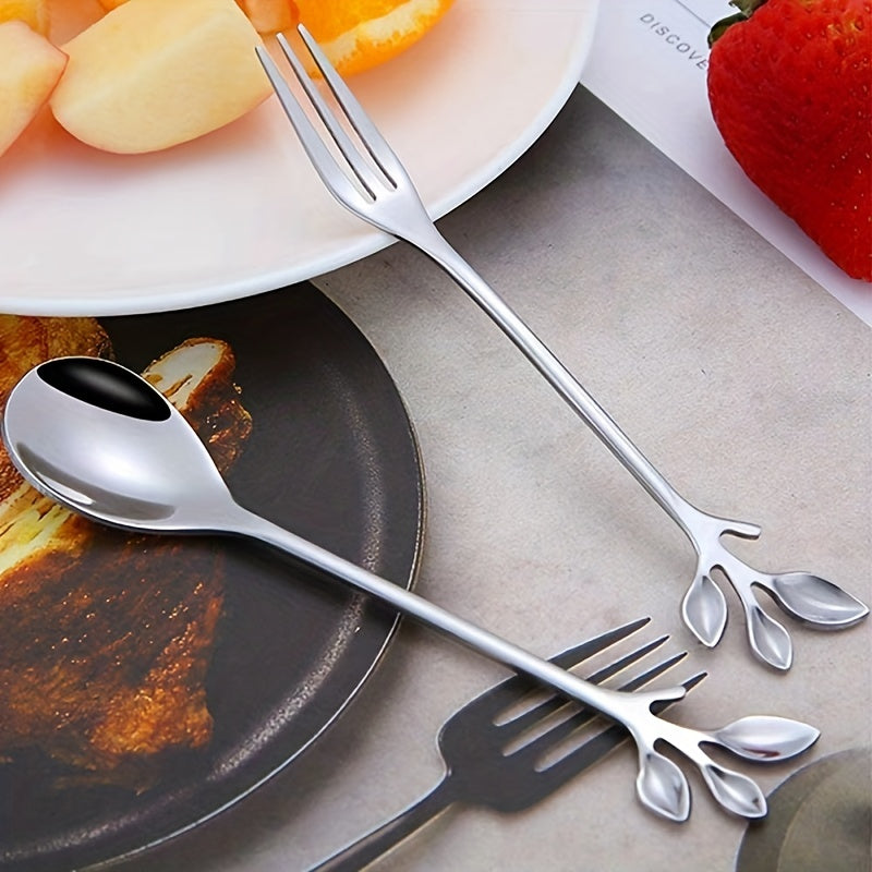 6pcs Stainless Steel Leaf Handle Dessert Spoon Fork Set