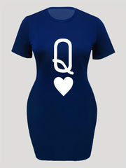 Women's Plus Q & Heart Print Short Sleeve Dress