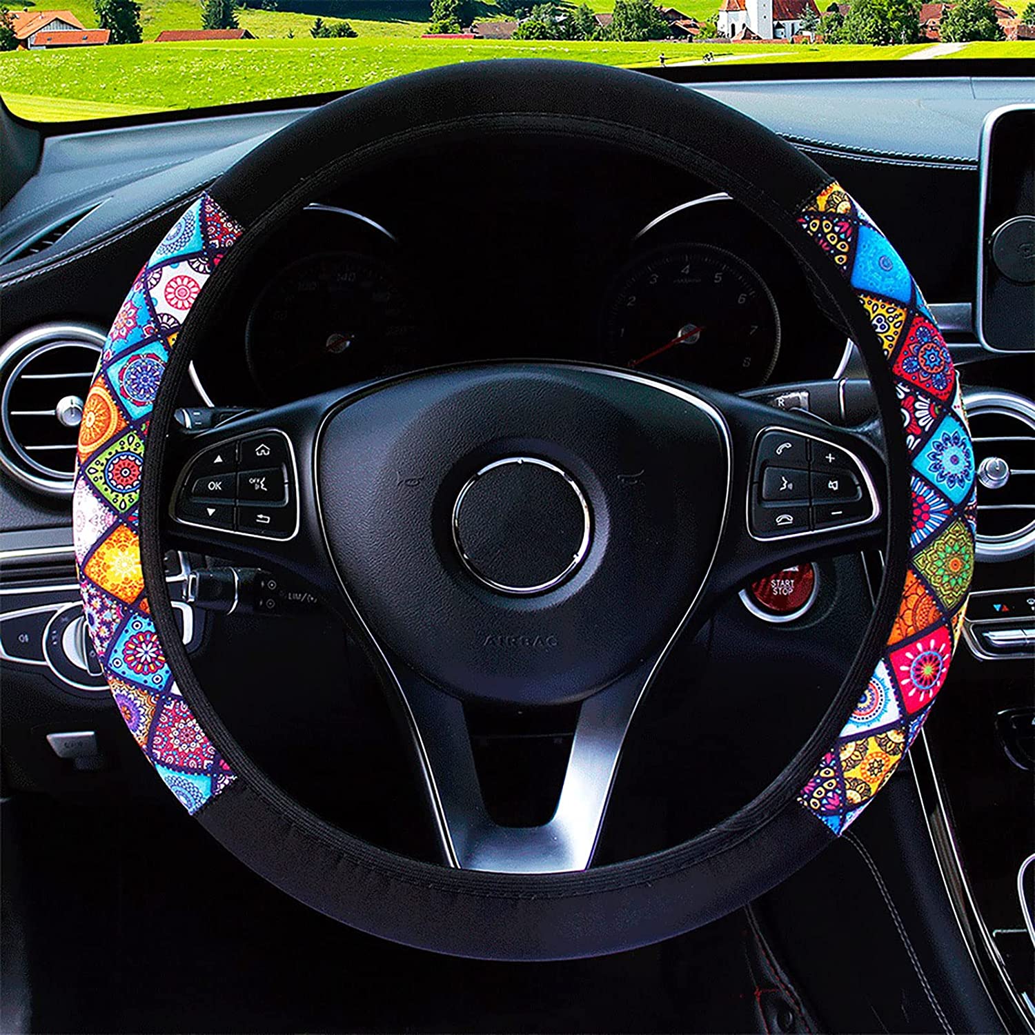 Vintage Style Print Car Steering Wheel Cover Universal 15 Inch