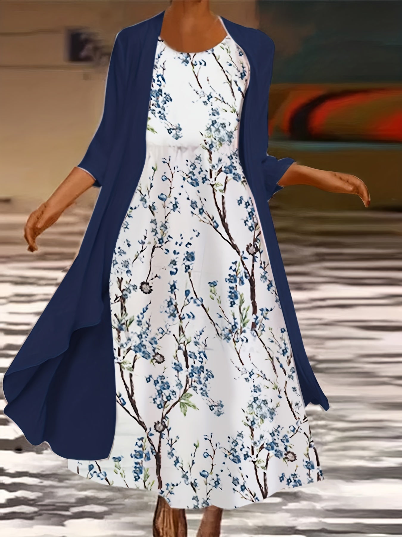  2-Piece Set: Solid Cover Up & Floral Print Tank Dress