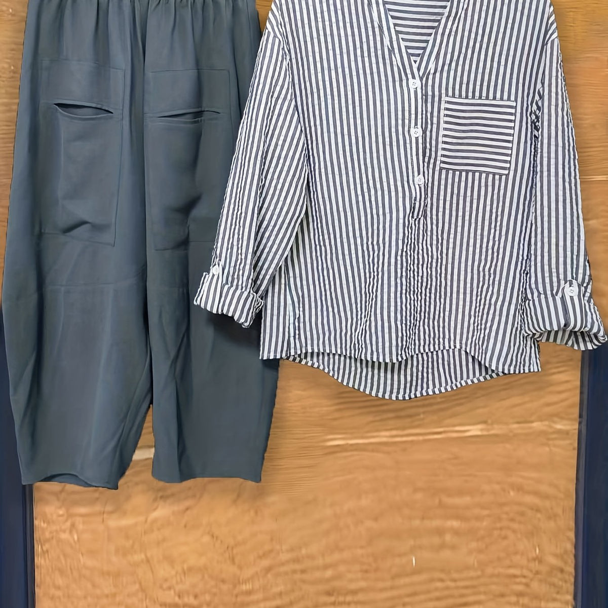 Striped Print Button Blouse & Wide Leg Pants Set