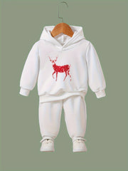 Girls Cartoon Deer Pattern Hooded Sweatshirt and Sweatpants Set