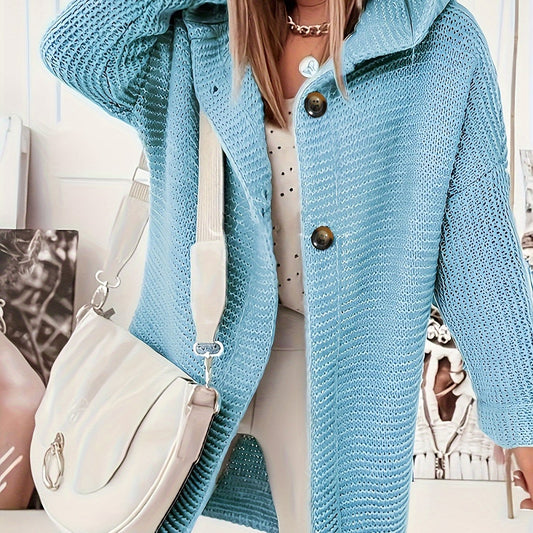  Solid Button Up Hooded Cardigan