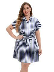  Striped Print V Neck Midi Dress