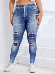  Denim Print Ripped High Waist Leggings Women's Casual