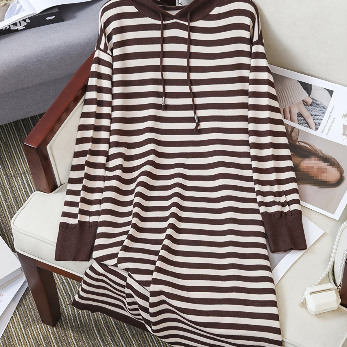 Striped Hoodie Drawstring Long Sleeve Midi Dress Women's Plus
