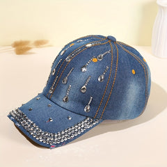 Rhinestone Decor Casual Baseball Cap Unisex Denim Washed Dad Hats