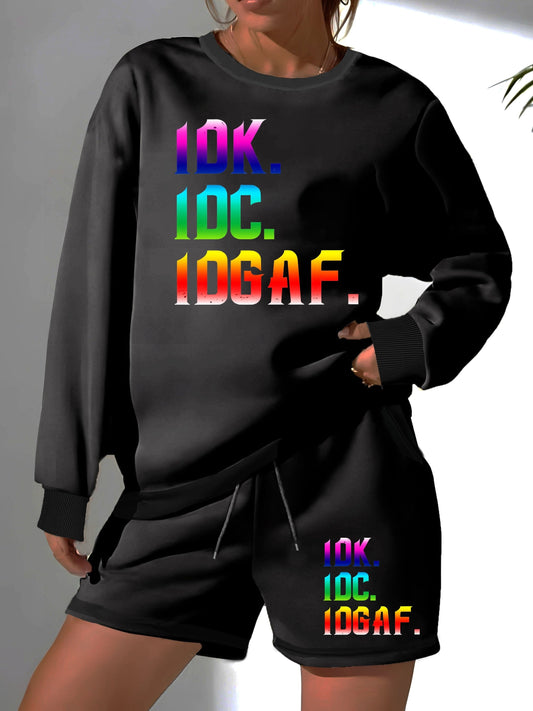  Women's Ombre Letter Print Fleece Pullover & Shorts Set