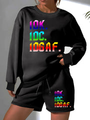  Women's Ombre Letter Print Fleece Pullover & Shorts Set