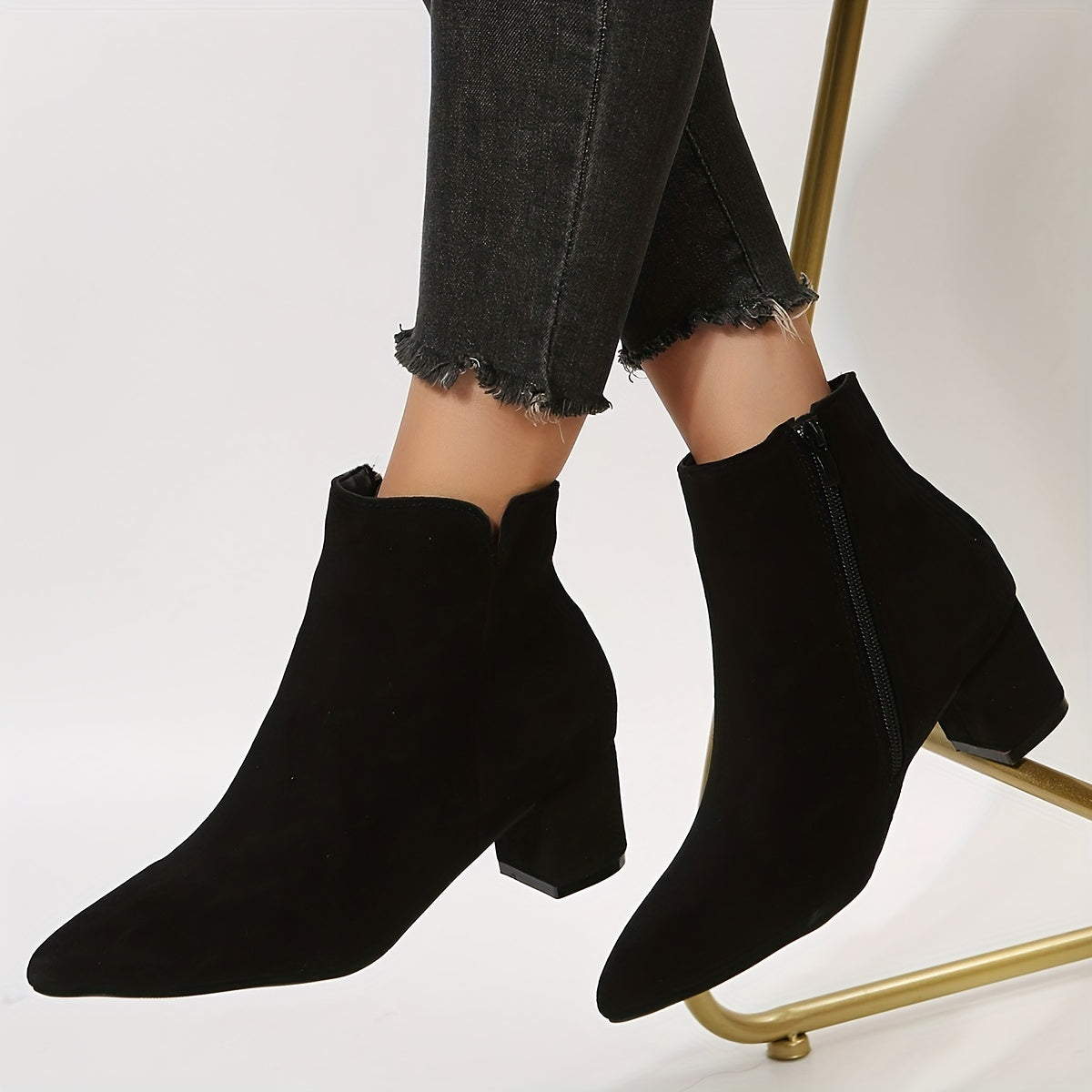 Solid Chunky Heel Short Boots Point Toe Side Zipper Dress Ankle Boots