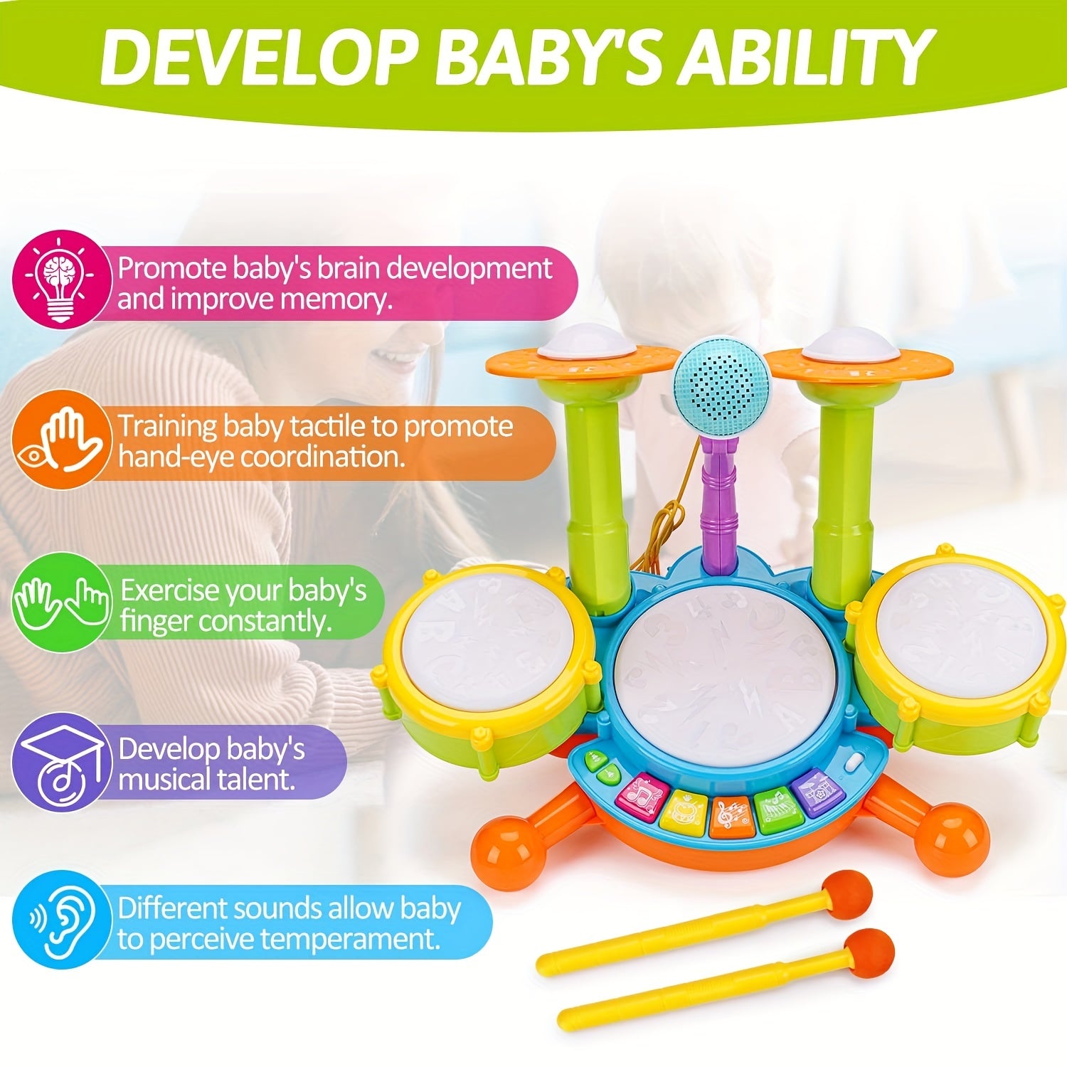 Drum Set Musical Toys for Toddlers with Microphone