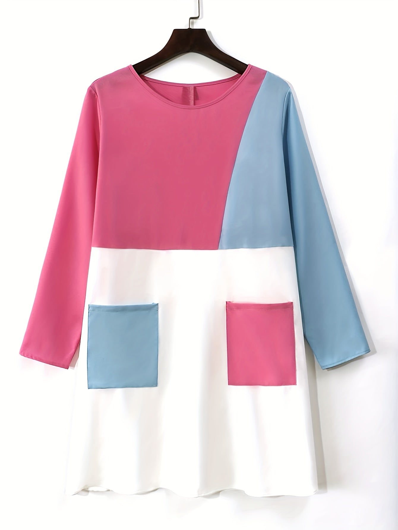 Colorblock Long Sleeve Dress With Pockets