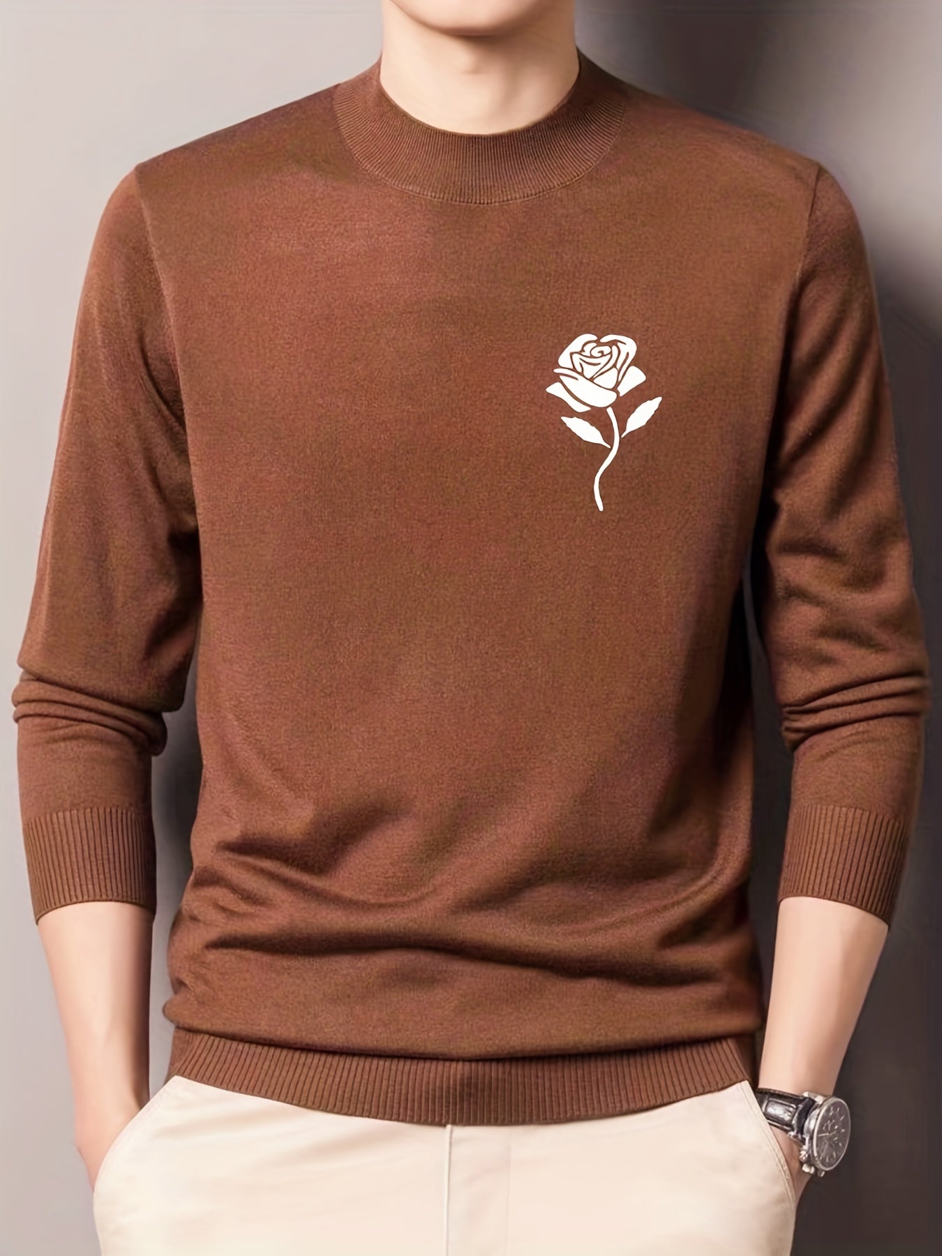 Rose Print Knitted Sweater Men's Warm Crew Neck Pullover