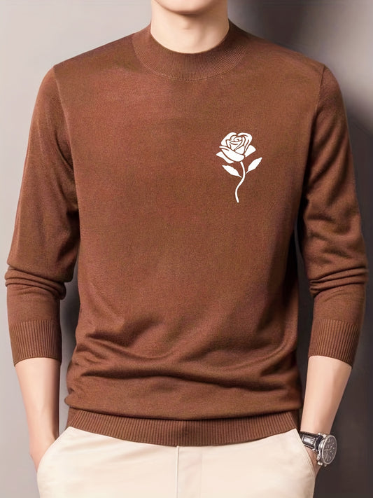 Rose Print Knitted Sweater Men's Warm Crew Neck Pullover