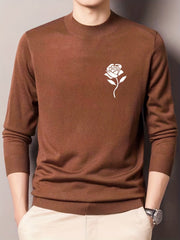 Rose Print Knitted Sweater Men's Warm Crew Neck Pullover