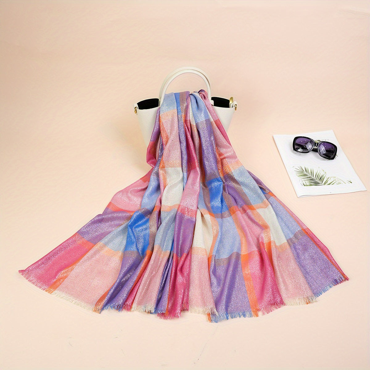 Light Thin Golden Scarf Plaid Large Tassel Shawl Casual Outdoor Inelastic Scarf
