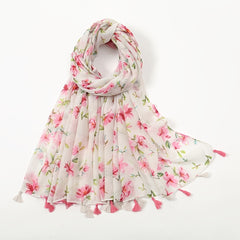 Floral Chiffon Printed Scarf Silk Bandana Tassel Shawl