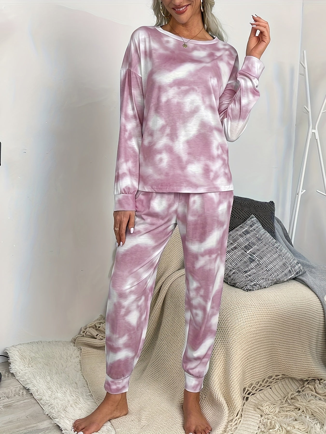 Tie Dye Print Lounge Set Long Sleeve Top & Pants Women's Loungewear