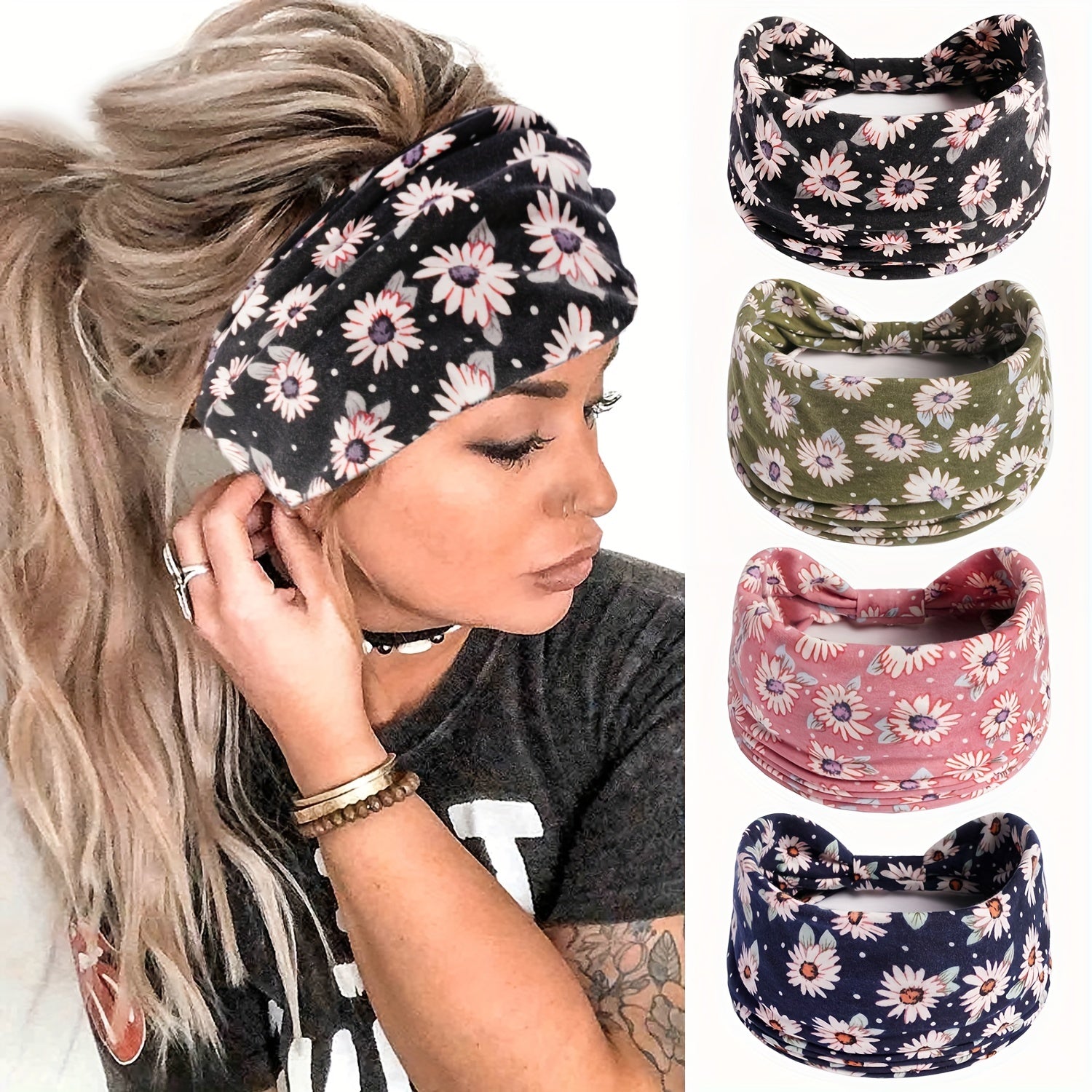 Daisy Pattern Headband Wide Sweatband Boho Style Hair Band