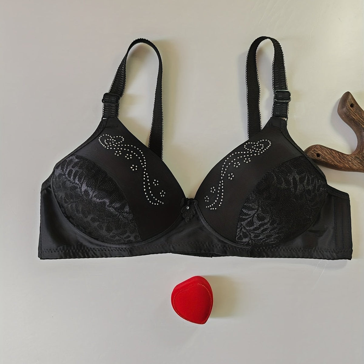 Contrast Lace Push Up Bra with Rhinestone Decor