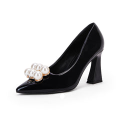 Women's Pearl Chunky High Heels Pointed Toe Slip On Pumps