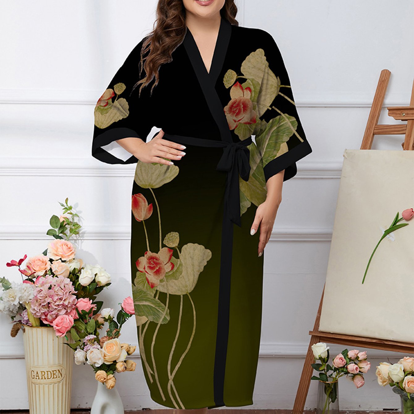  Satin Ombre Lotus Print Nightgown Robe