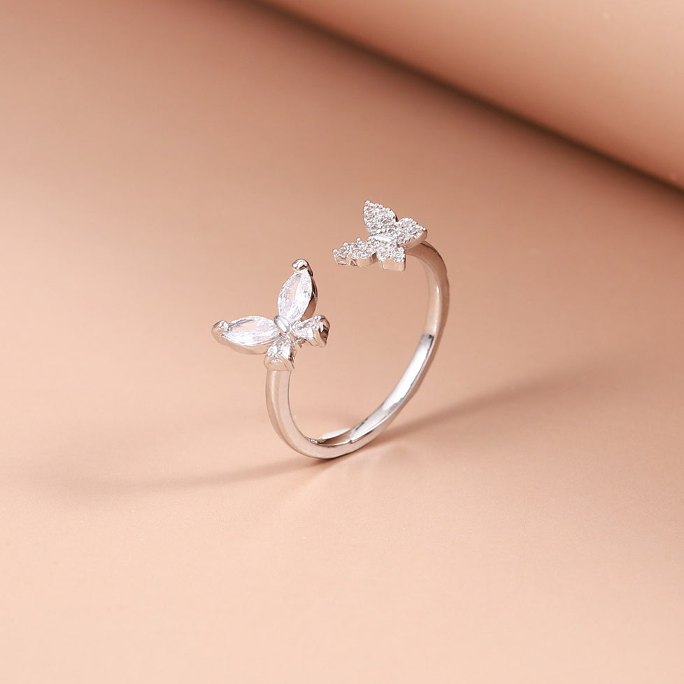 Butterfly Zircon Open Ring Adjustable Silver Plated Women Girls Decor