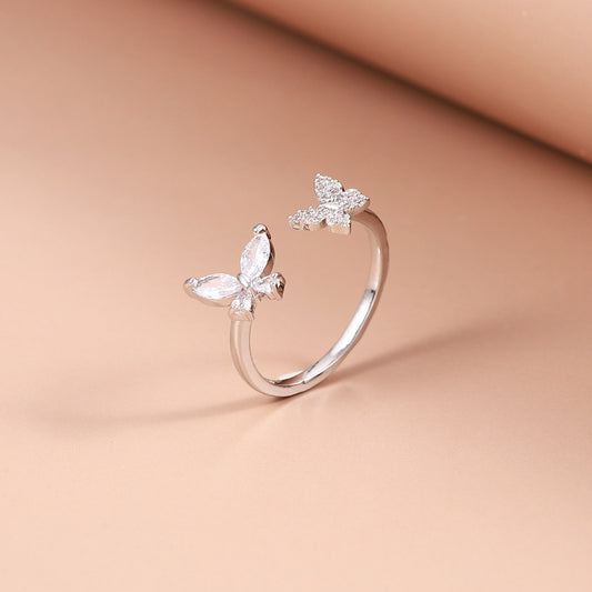 Butterfly Zircon Open Ring Adjustable Silver Plated Women Girls Decor