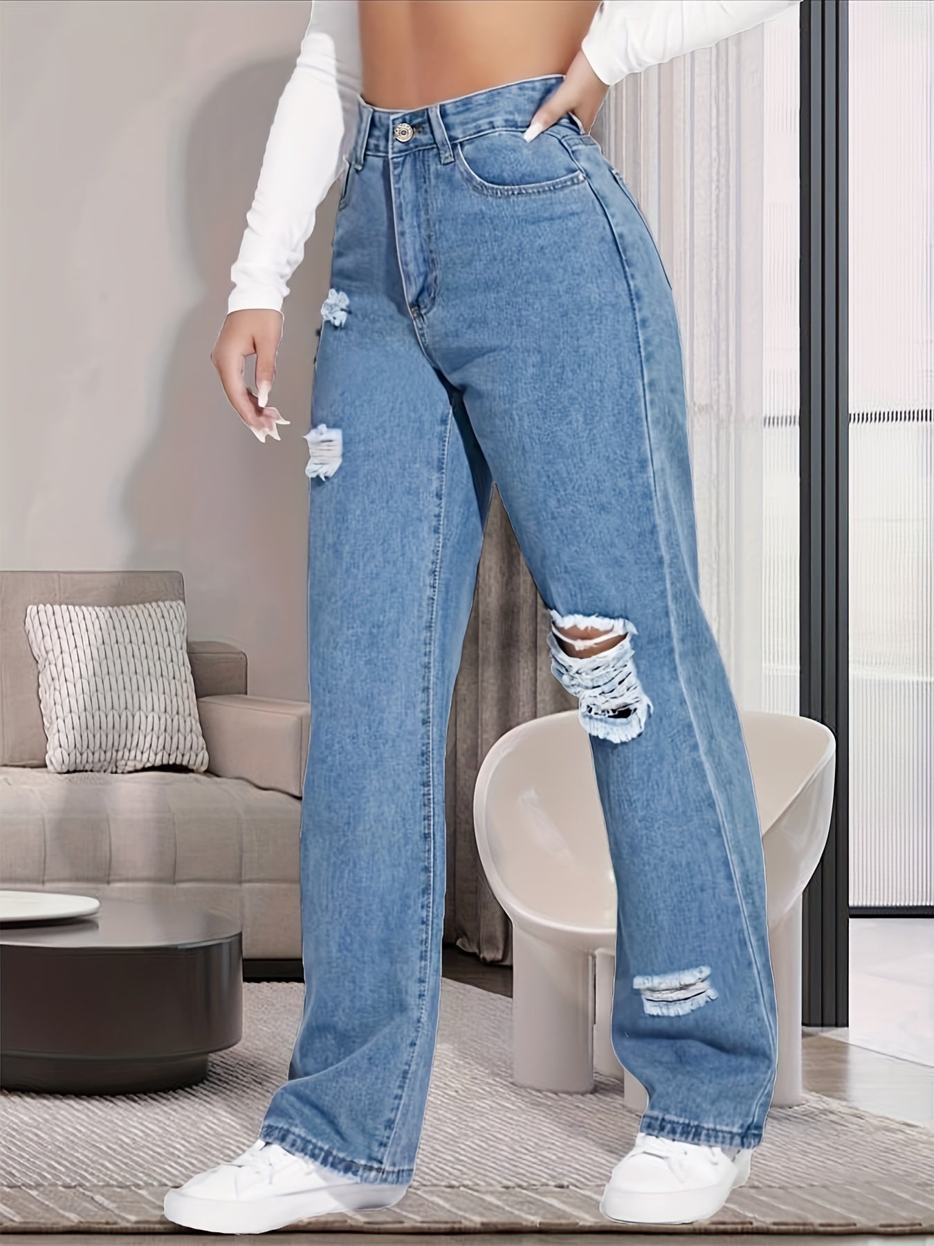 Ripped Distressed Loose Denim Pants Medium Wash Jeans