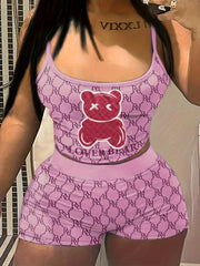 Women's Plus Two Piece Geometric & Bear Print Cami Top & Shorts Set