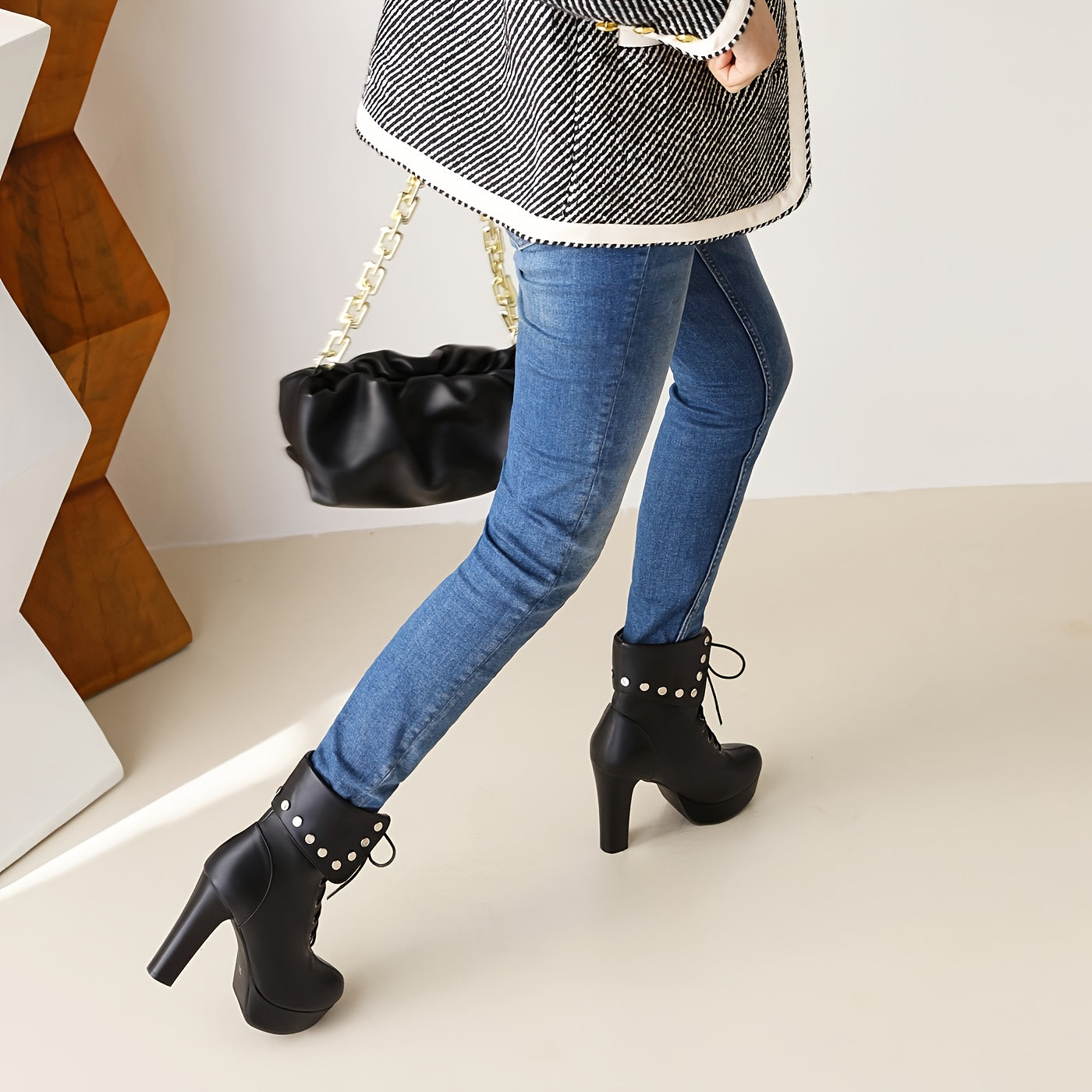 Studded High Heel Lace-Up Platform Boots