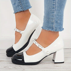 Women's Cap Toe Mary Jane Chunky Heels Dress Pumps