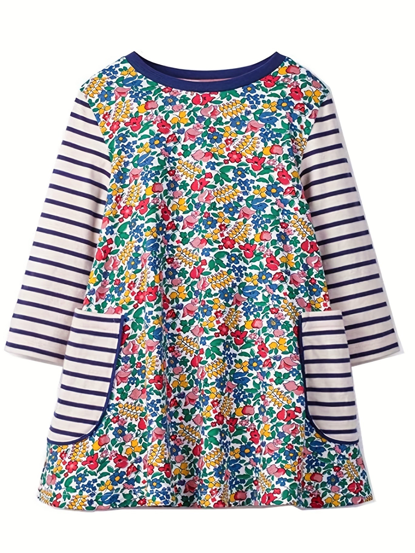 Kid Girls' Stripes Floral Long Sleeve Cotton Dress With Pockets