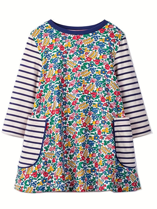 Kid Girls' Stripes Floral Long Sleeve Cotton Dress With Pockets