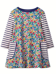 Kid Girls' Stripes Floral Long Sleeve Cotton Dress With Pockets