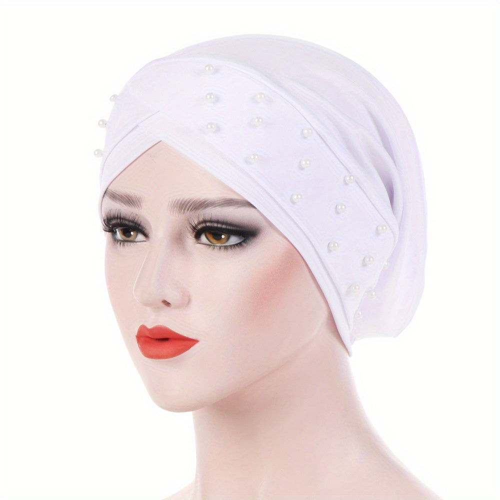 Baggy Beanie Cap Turban Headwrap Solid Beads Decor Headscarf Ramadan